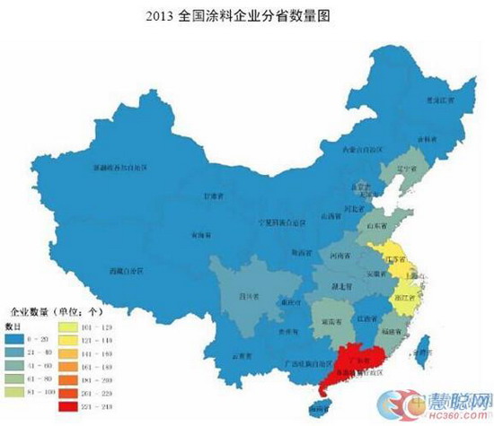 2013年中国涂料企业分省数量图